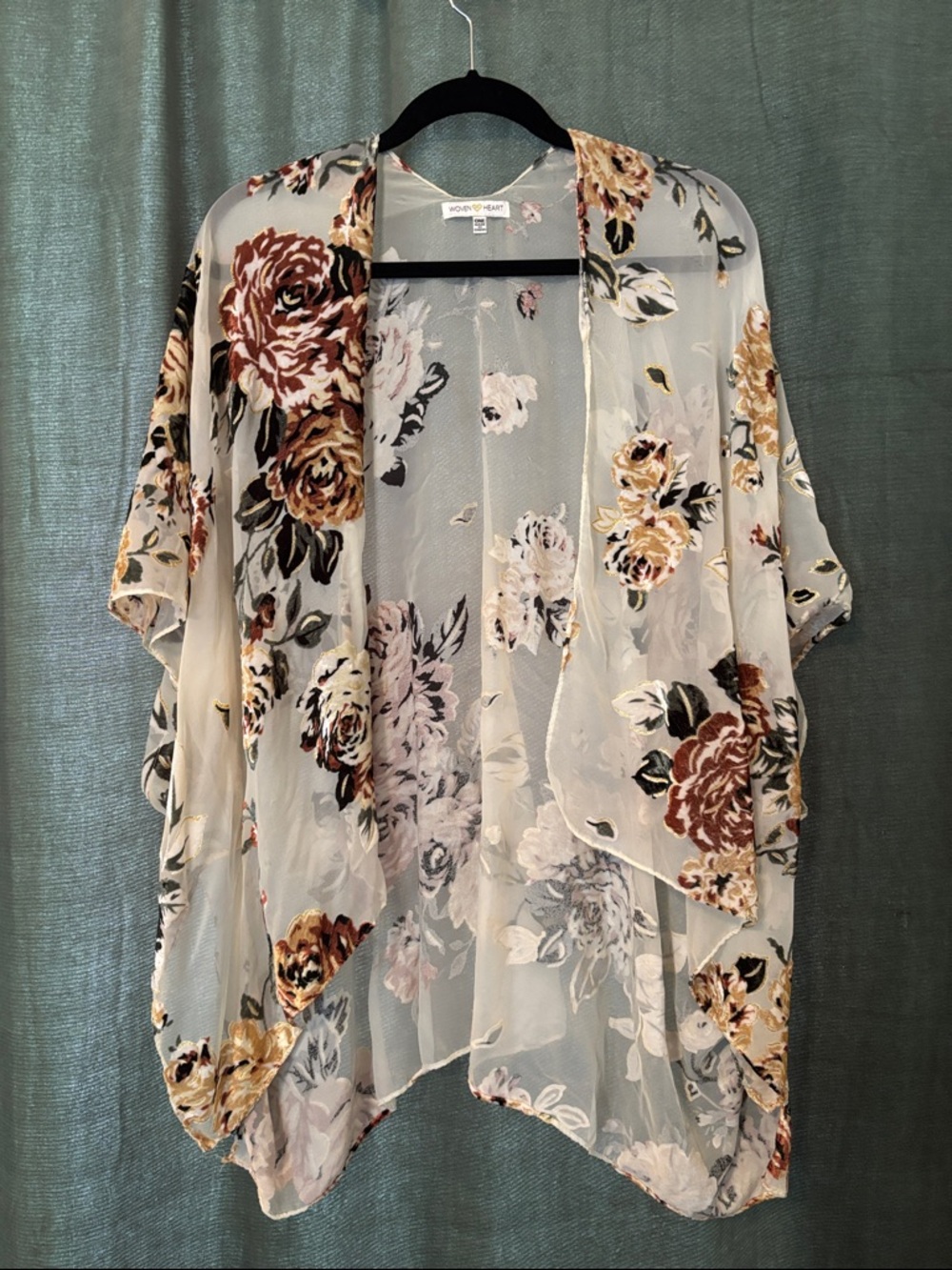 Woven Heart Sheer Floral Kimono in Soft Rose and Cream